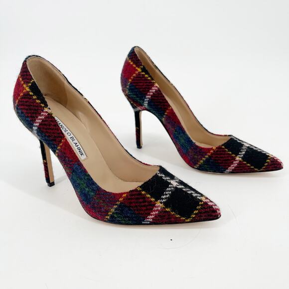 Manolo Blahnik Multicolor Check Tartan Wool BB Pointed Toe Stiletto Pumps IT 37 - Picture 2 of 12